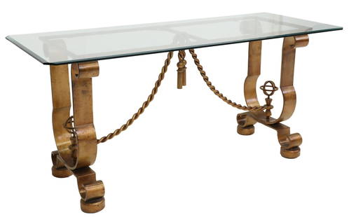 ARTURO PANI (ATTR.) MID-CENTURY MODERN TABLE BASE: Mid-century modern iron and glass console table, in a gilt finish, attributed to architect Arturo Pani (Mexico, 1915-1981), c.1950s, later beveled glass top, scrolled frame, joined with rope twist cen