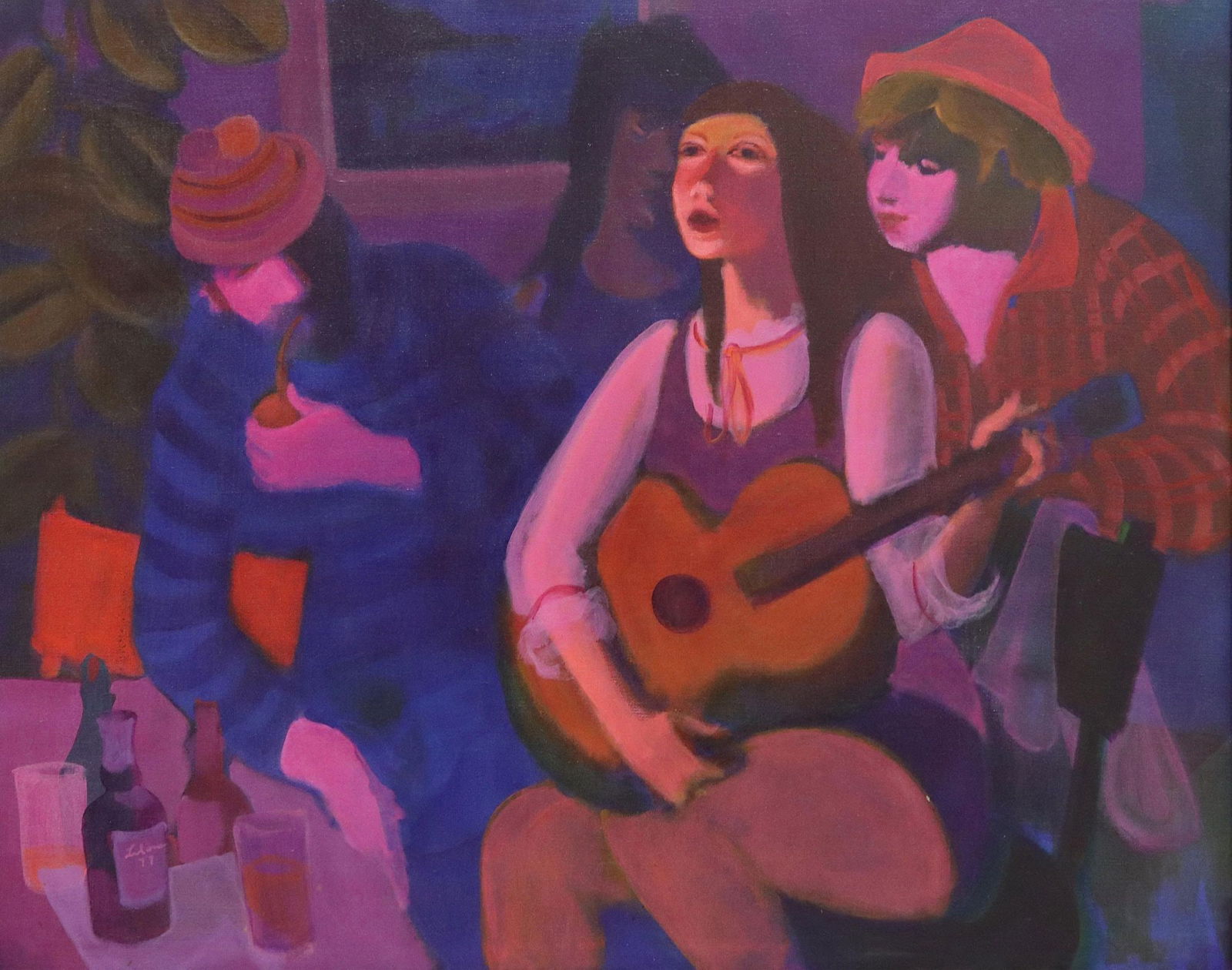 GUSTAV LIKAN (D.1998) GIRL WITH GUITAR, 40" X 50": Framed oil on canvas painting, Girl with Guitar, signed lower left Likan (Gustav Likan, Yugoslavian, active in Texas, 1912-1998), dated [19]77, sight: approx 39"h, 49.25"w, overall: approx 42.5"h, 53"