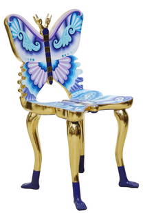 PEDRO FRIEDEBERG (B.1936) 'SILLA MARIPOSA' CHAIR: Surrealist acrylic and gold leaf on wood, Silla Mariposa (Butterfly Chair), signed Pedro Friedeberg (Mexican, b.1936), dated 2021, hand "antennas," over back and seat in the form of a butterfly, risin