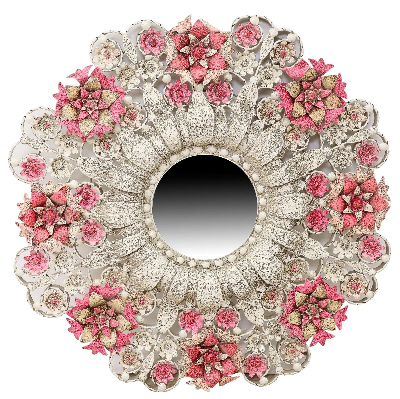 MAXIMALIST SALDANA TOLE WALL MIRROR, MEXICO: Maximalist artist tole wall mirror, Saldana, Mexico, 20th c., having pink and white floral frame, centering flat mirror plate, approx 40.25"diam Start Price: $100.00