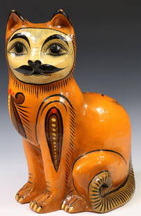 SERMEL WORKSHOP PAINTED PAPIER-MACHE SEATED CAT: Painted papier-mache sculpture, Seated Cat, Sermel Workshop, Tonala, Jalisco, Mexico, operated by Sergio Bustamante (b.1949) and Melquiades Preciado (d.1992), decorated with traditional bird and flora