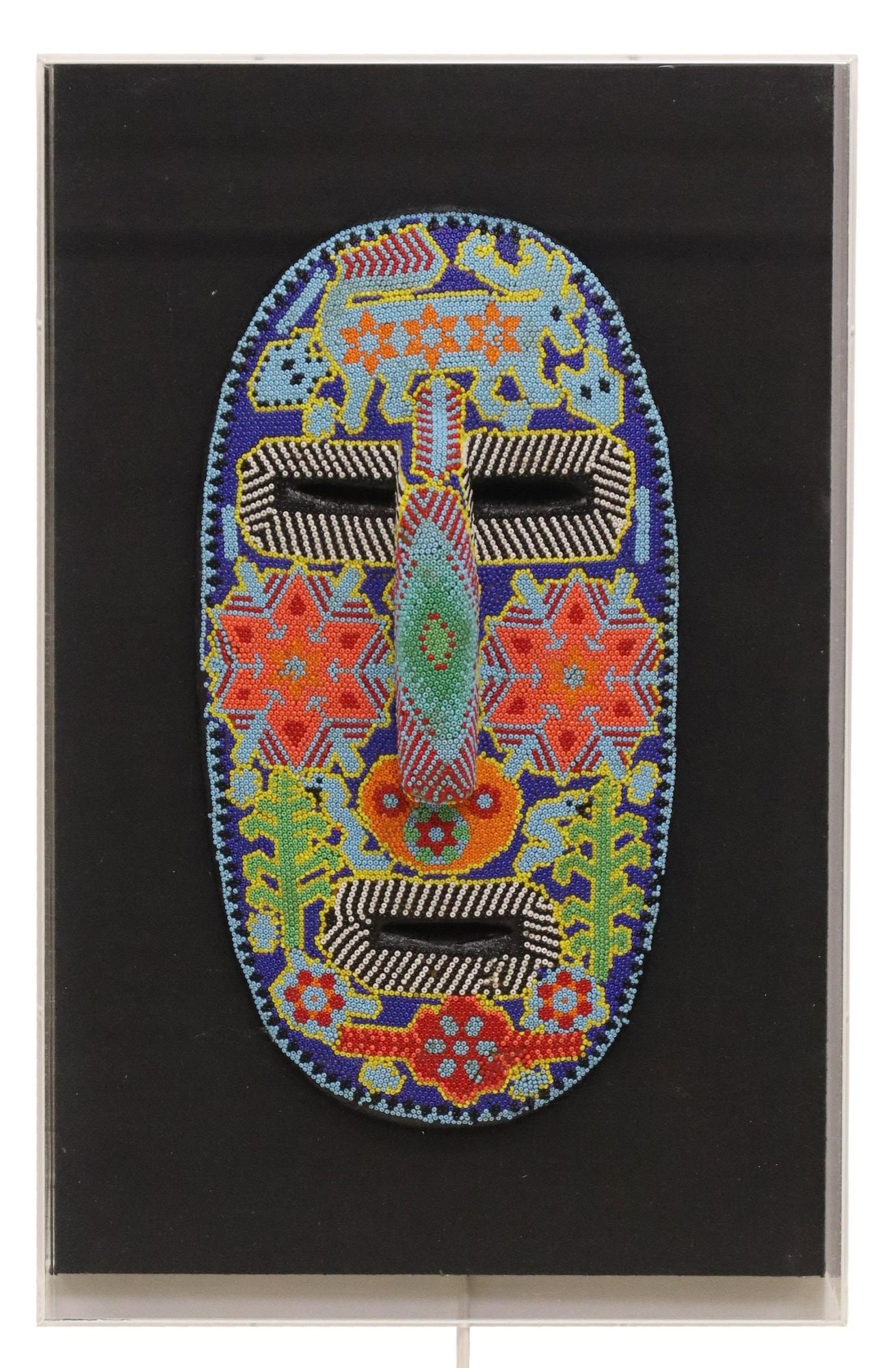 MEXICO HUICHOL FOLK ART BEADED MASK IN DISPLAY (1 of 2)