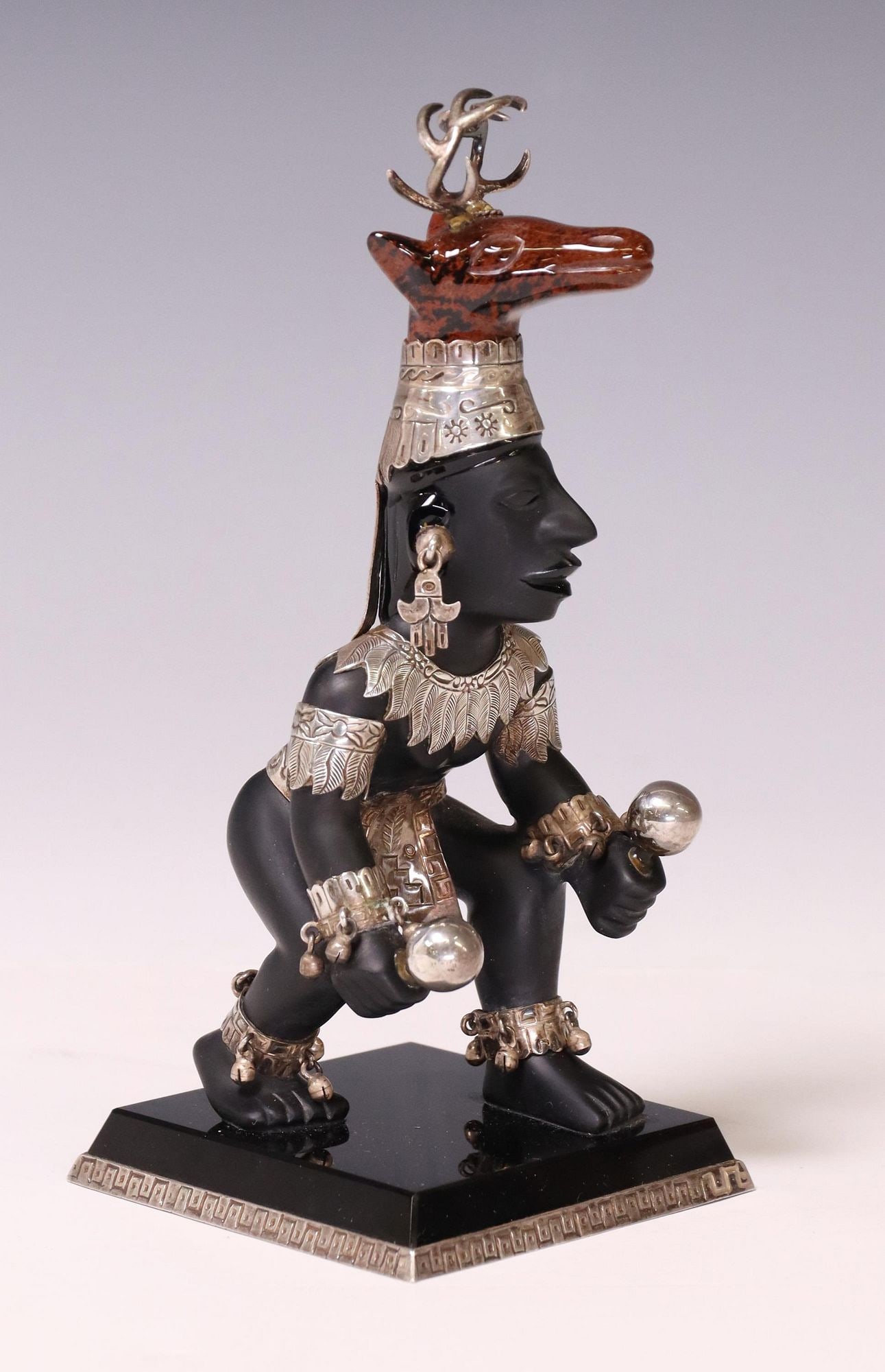 PRE-COLUMBIAN STYLE OBSIDIAN & STERLING SCULPTURE (1 of 5)