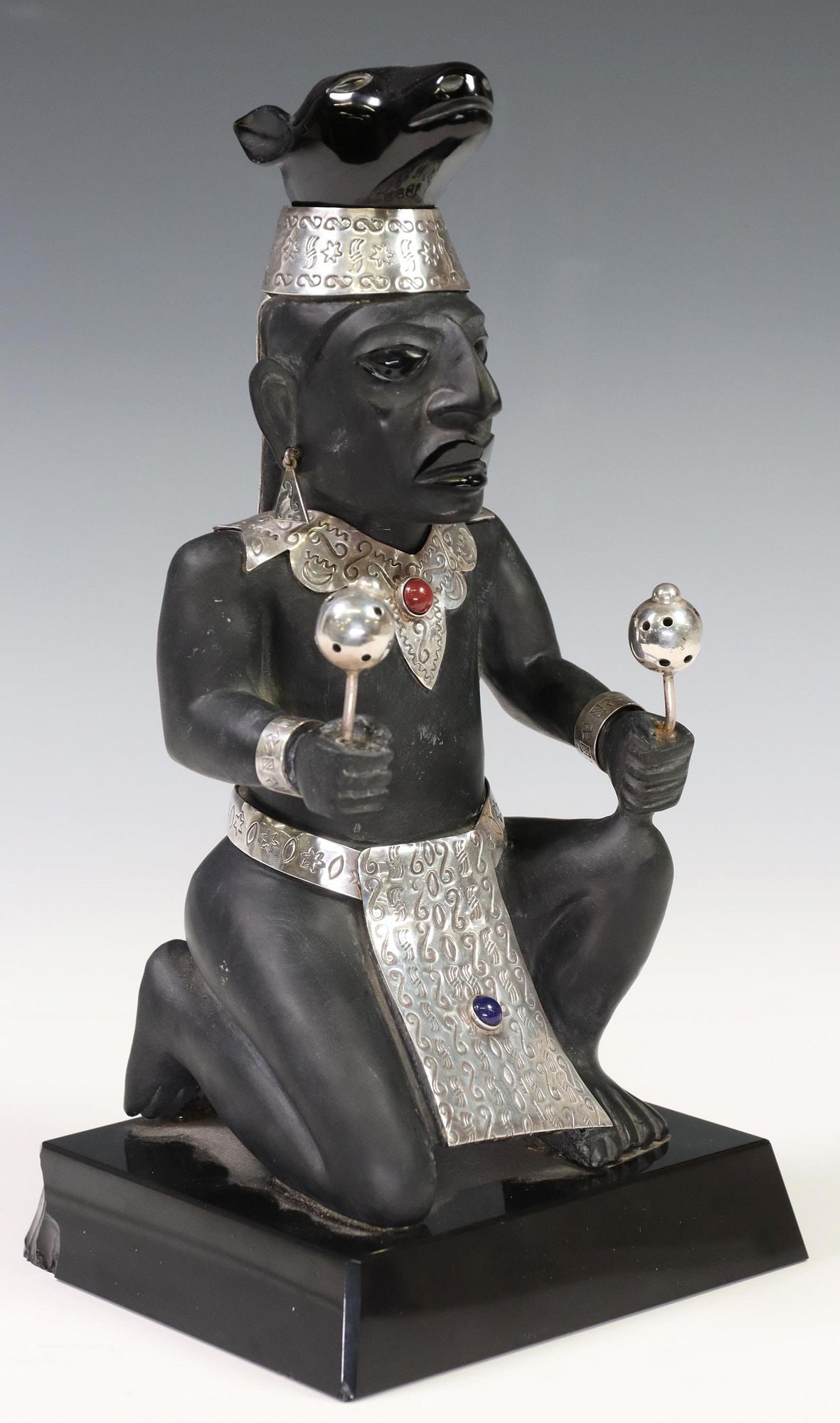 PRE-COLUMBIAN STYLE OBSIDIAN & STERLING SCULPTURE (1 of 10)