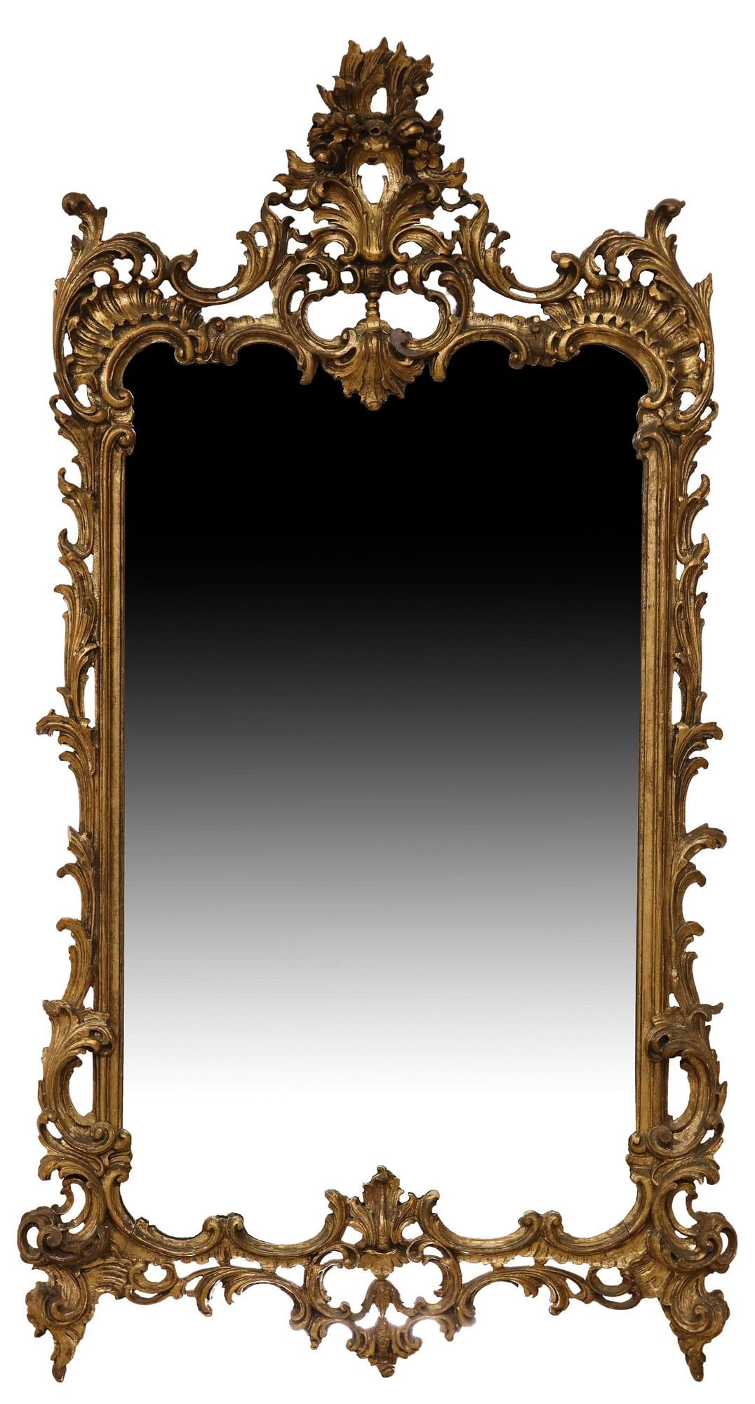 ITALIAN LOUIS XV STYLE GILTWOOD FOLIATE MIRROR: Italian Louis XV style giltwood mirror, early 20th c., fanned crest, over scrolled foliate frame, encasing later flat mirror plate, some later gilt painted touch-ups, typical small losses to crest, ap
