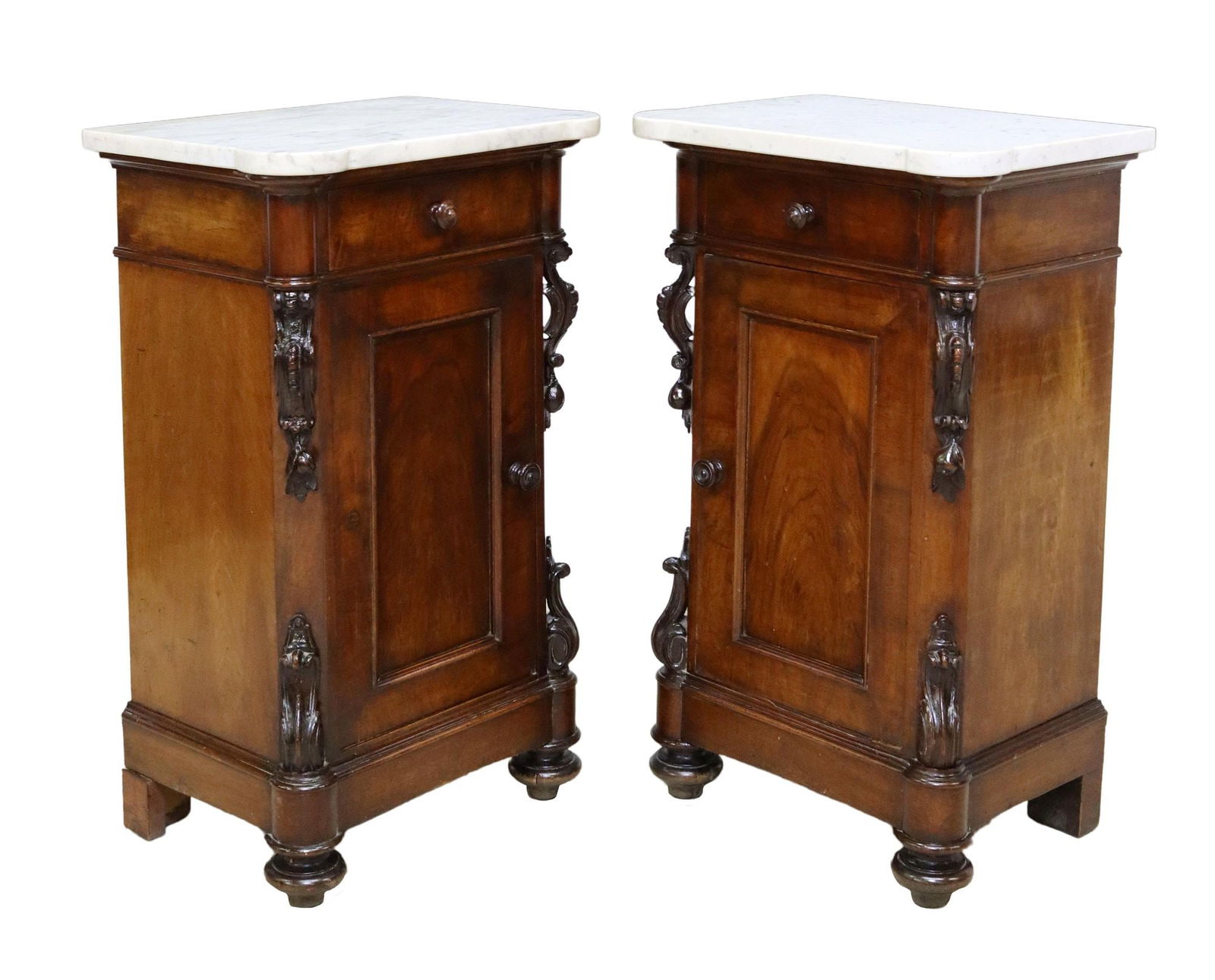(2) ITALIAN MARBLE-TOP WALNUT BEDSIDE CABINETS (1 of 6)