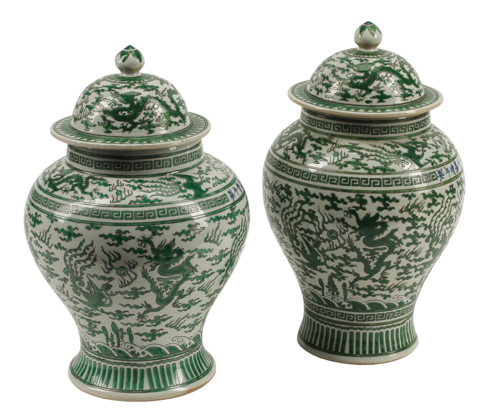 (2) CHINESE PORCELAIN GREEN DRAGON TEMPLE JARS (1 of 3)