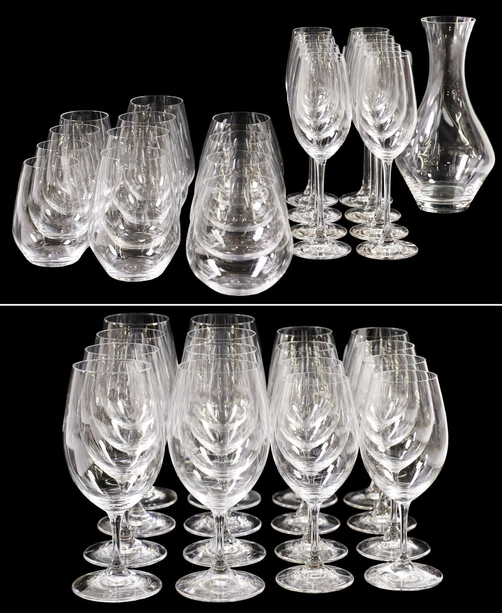 (37) RIEDEL GLASS STEMWARE & DECANTER: (lot of 37) Riedel glass drinkware and decanter, all with acid-etched maker's mark underfoot, including: (1) decanter, approx 9.5"h, 5"diam; (8) red wine stems, approx, 7.5"h, 3.5"diam; (8) champagne 