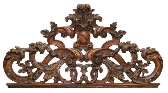 ITALIAN BAROQUE STYLE PAINTED HEADBOARD: Italian Baroque style painted headboard, 20th c., having large acanthus crest, over central cartouche, surmounted by scrolling foliates, approx 37"h, 70.25"w Start Price: $300.00