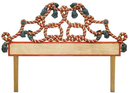 ITALIAN POLYCHROME PAINTED TWISTED ROPE HEADBOARD: Italian paint-decorated headboard, 20th c., in the form of twisted ropes, with carved floral and tassel accents, approx 53.75"h, 76"w Start Price: $250.00