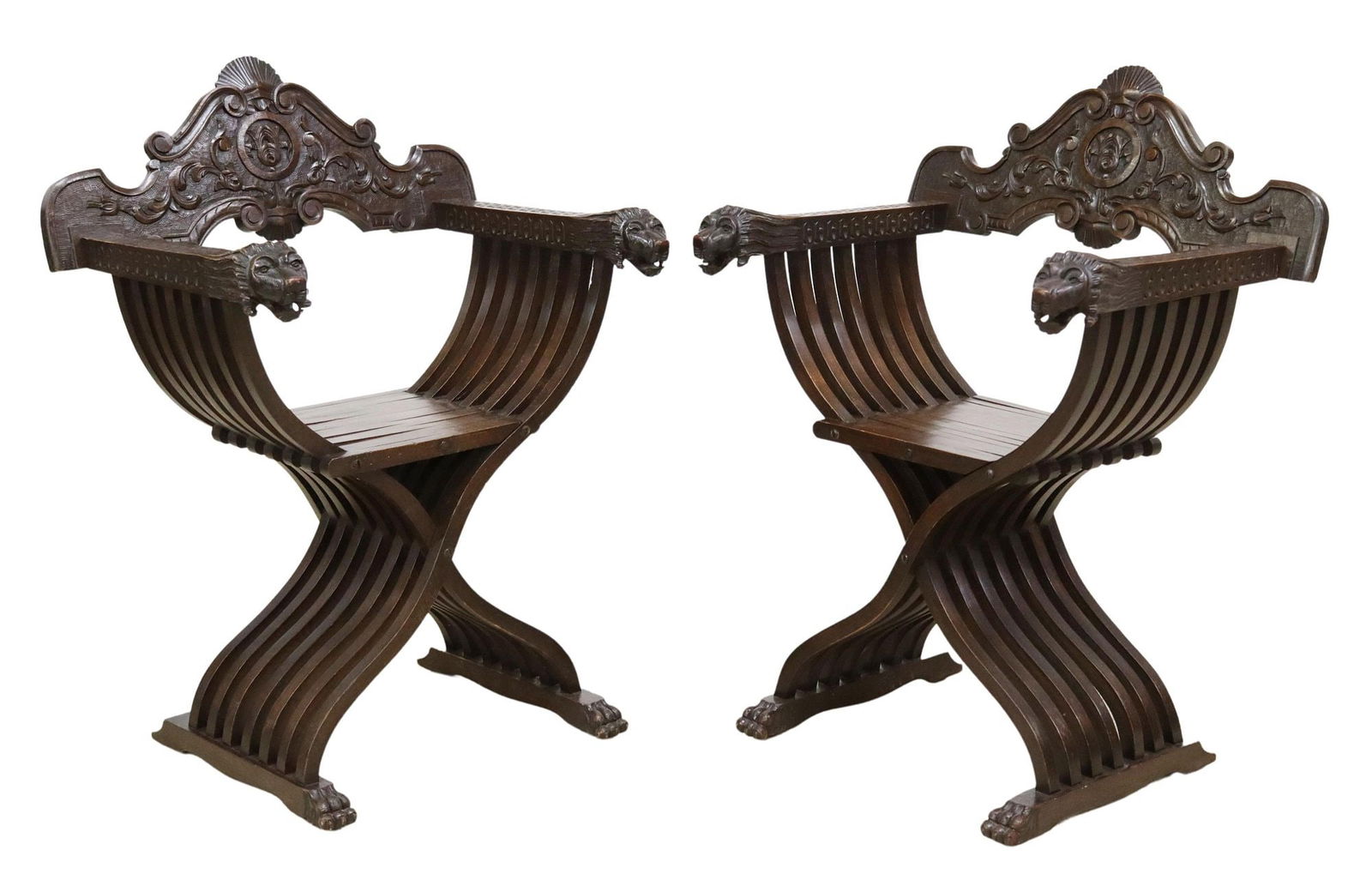 (2) ITALIAN CARVED SAVONAROLA CURULE CHAIRS (1 of 5)