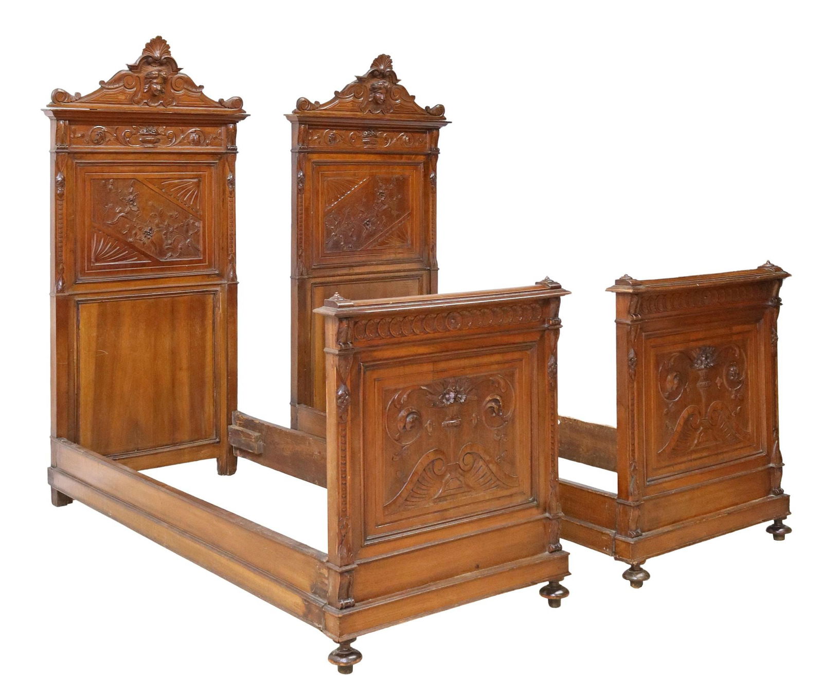 (2) ITALIAN FIGURAL CARVED WALNUT BEDS (1 of 4)