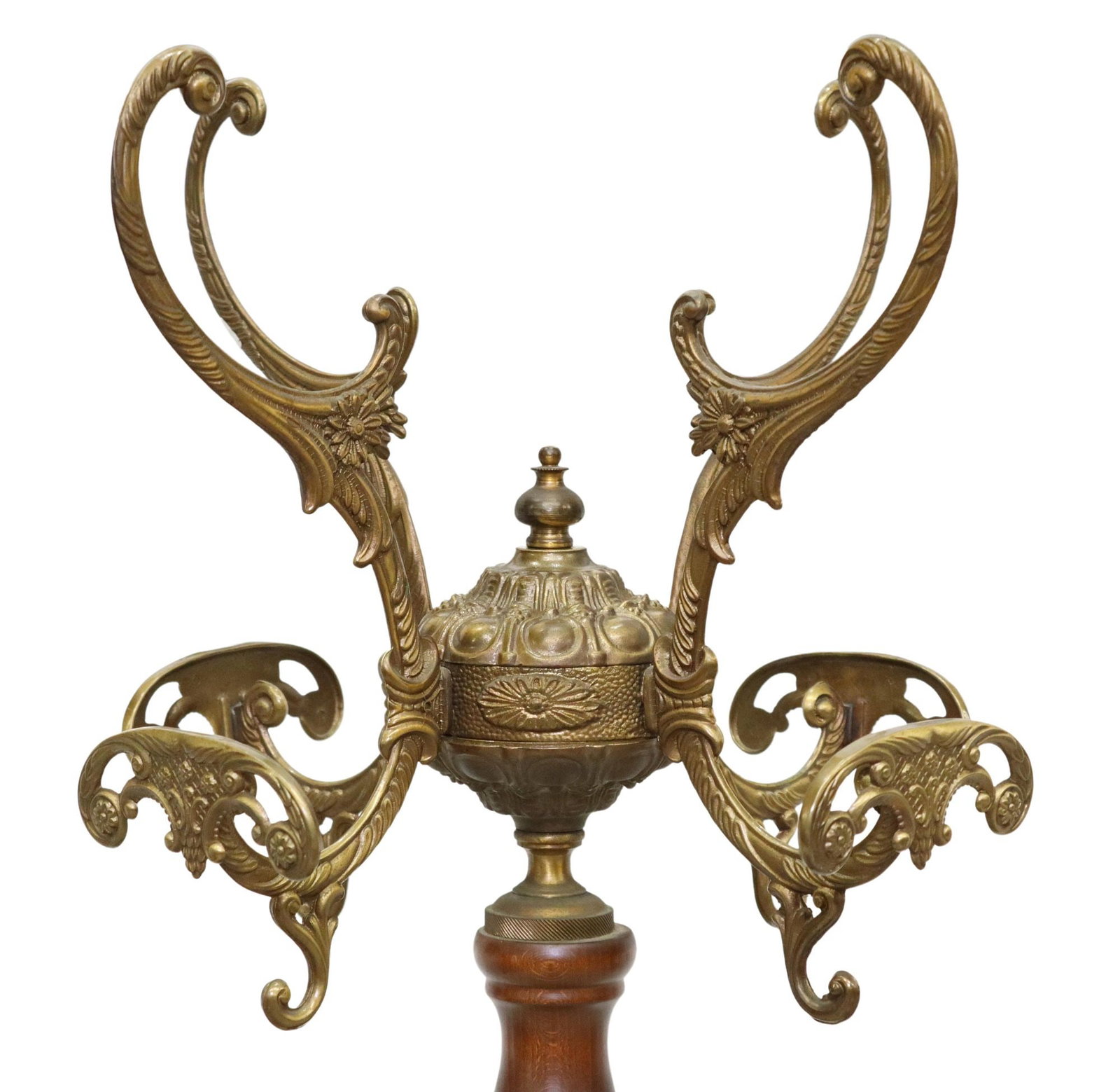ITALIAN GILT METAL & WOOD STANDING HALL TREE: Italian gilt metal and wood hall tree, 20th c., having foliate scrolled hooks, over turned standard, centering French dolphin hooks, rising on quadripartite base, approx 68.50"h, 12"diam Start Price: 