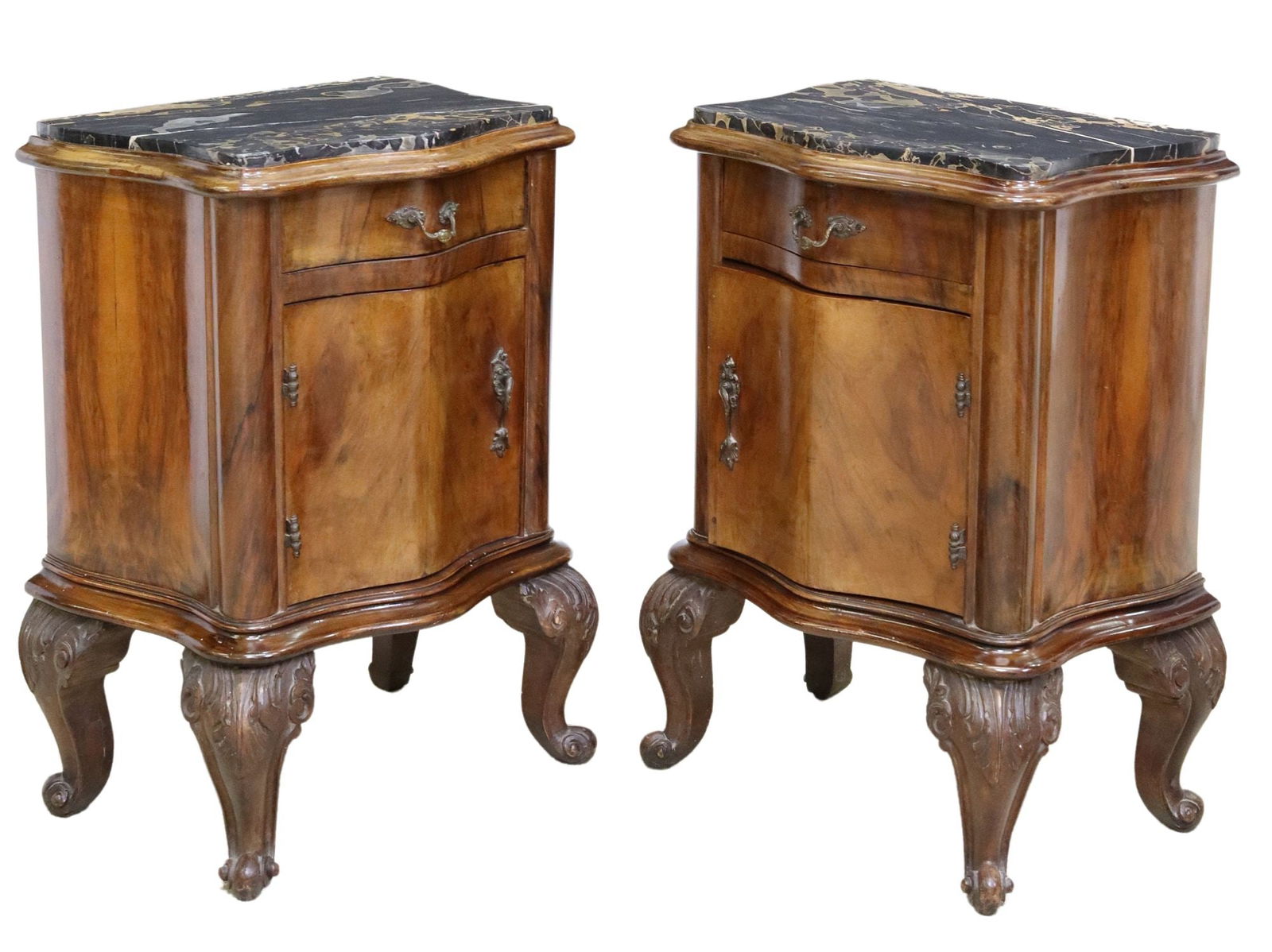 (2) VENETIAN MARBLE-TOP BURLWOOD NIGHTSTANDS (1 of 6)