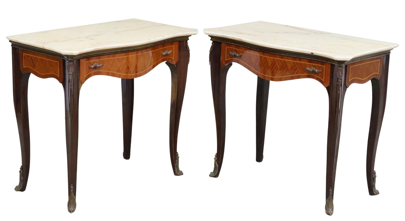 (2) ITALIAN LOUIS XV STYLE PARQUETRY NIGHTSTANDS: (pair) Italian Louis XV style nightstands, 20th c., having shaped marble top, marked Bassi and Belloti Spa marble contractors, Mariano Commense, Italy, parquetry case, fitted with single drawer, risin
