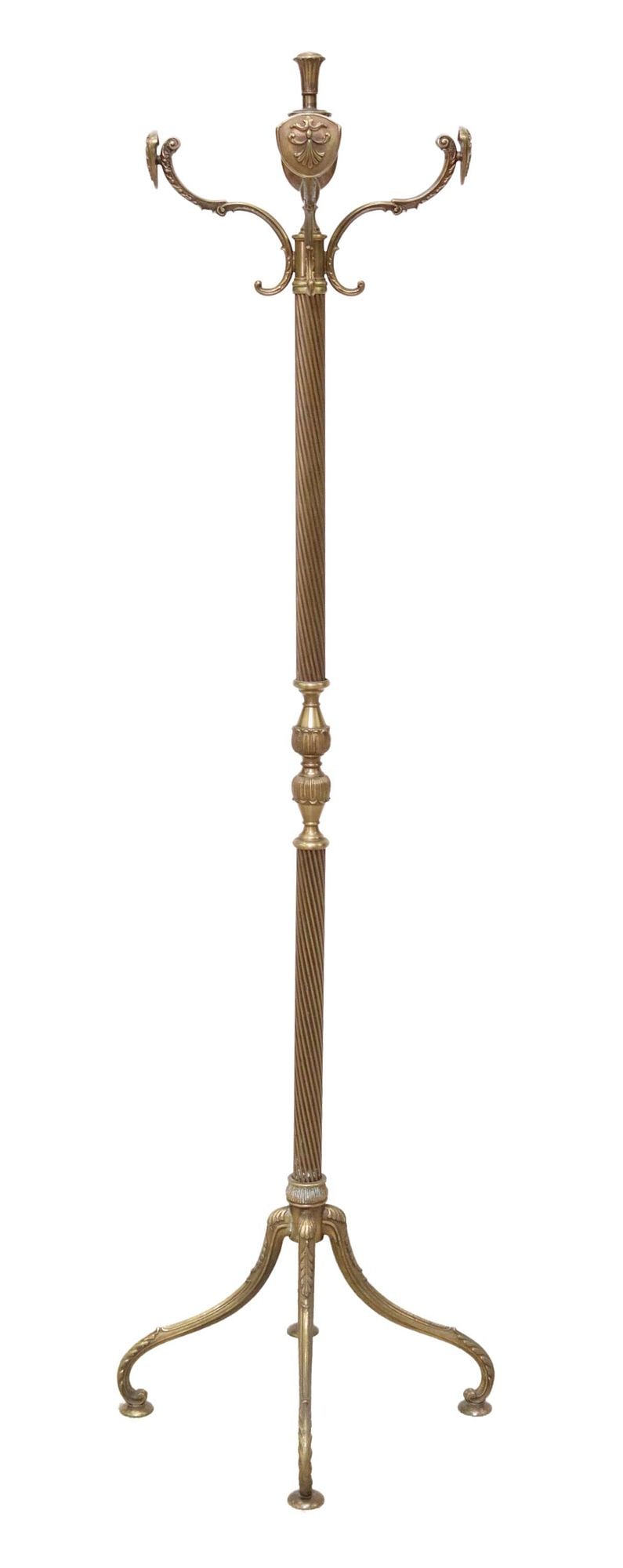 ITALIAN GILT METAL STANDING HALL TREE: Italian gilt metal hall tree, 20th c., having four shield-form hooks, rising on spiral standard, ending on quadripartite base, approx 68.25"h, 14"diam Start Price: $150.00