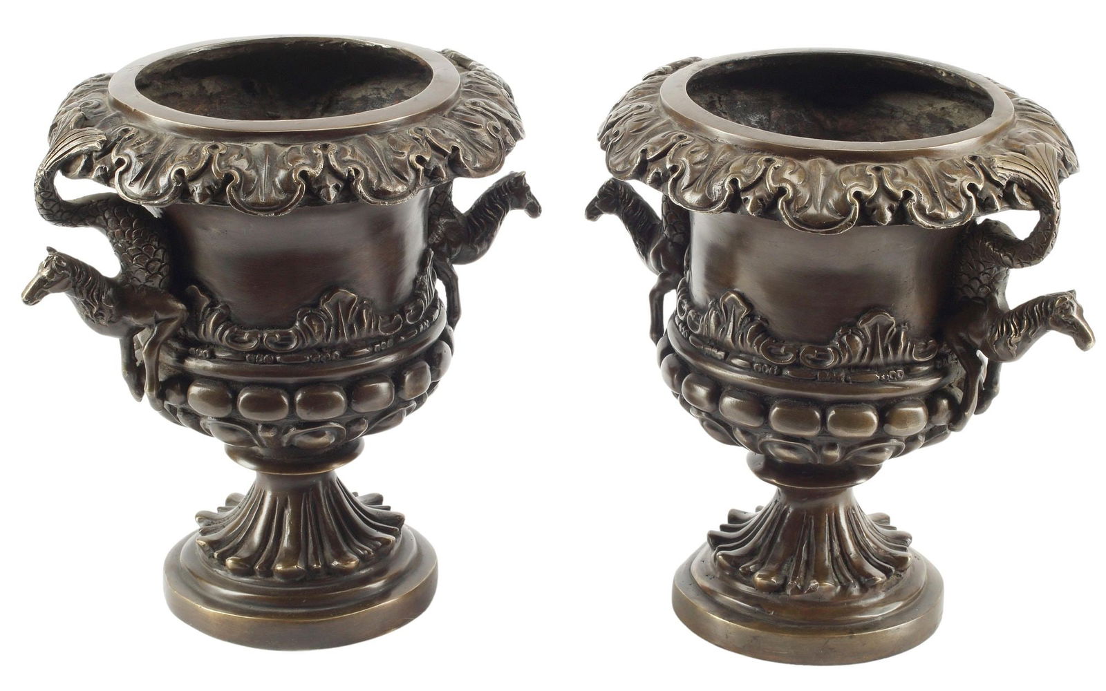 (2) SMALL BRONZE URNS WITH HIPPOCAMP HANDLES (1 of 4)