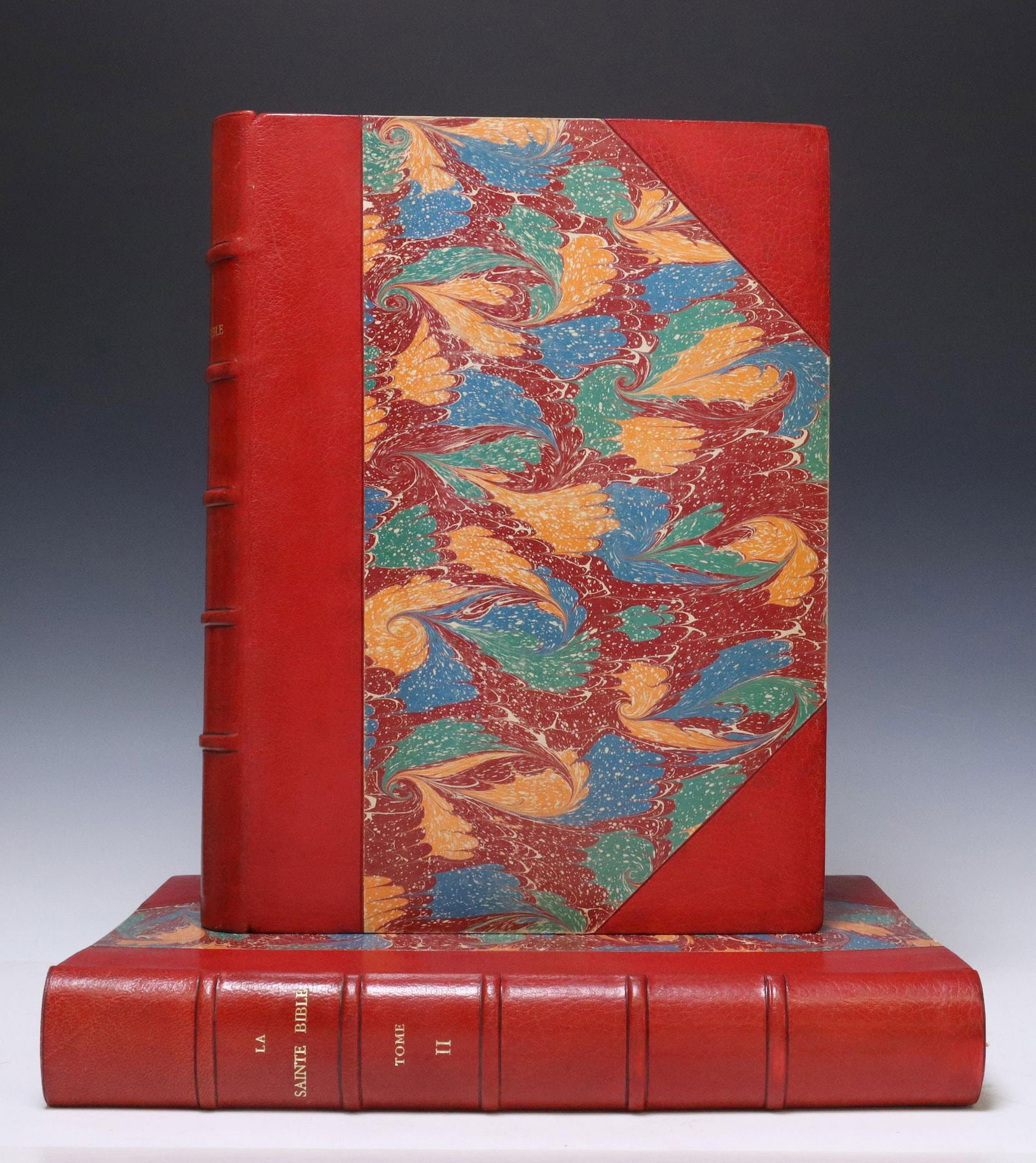 (2) LEATHER-BOUND BOOKS: HOLY BIBLE SELON VULGATE (1 of 7)