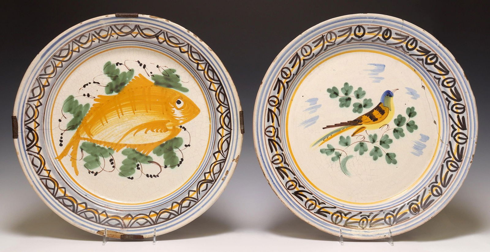 (2) CONTINENTAL MAJOLICA BIRD & FISH CHARGERS (1 of 2)