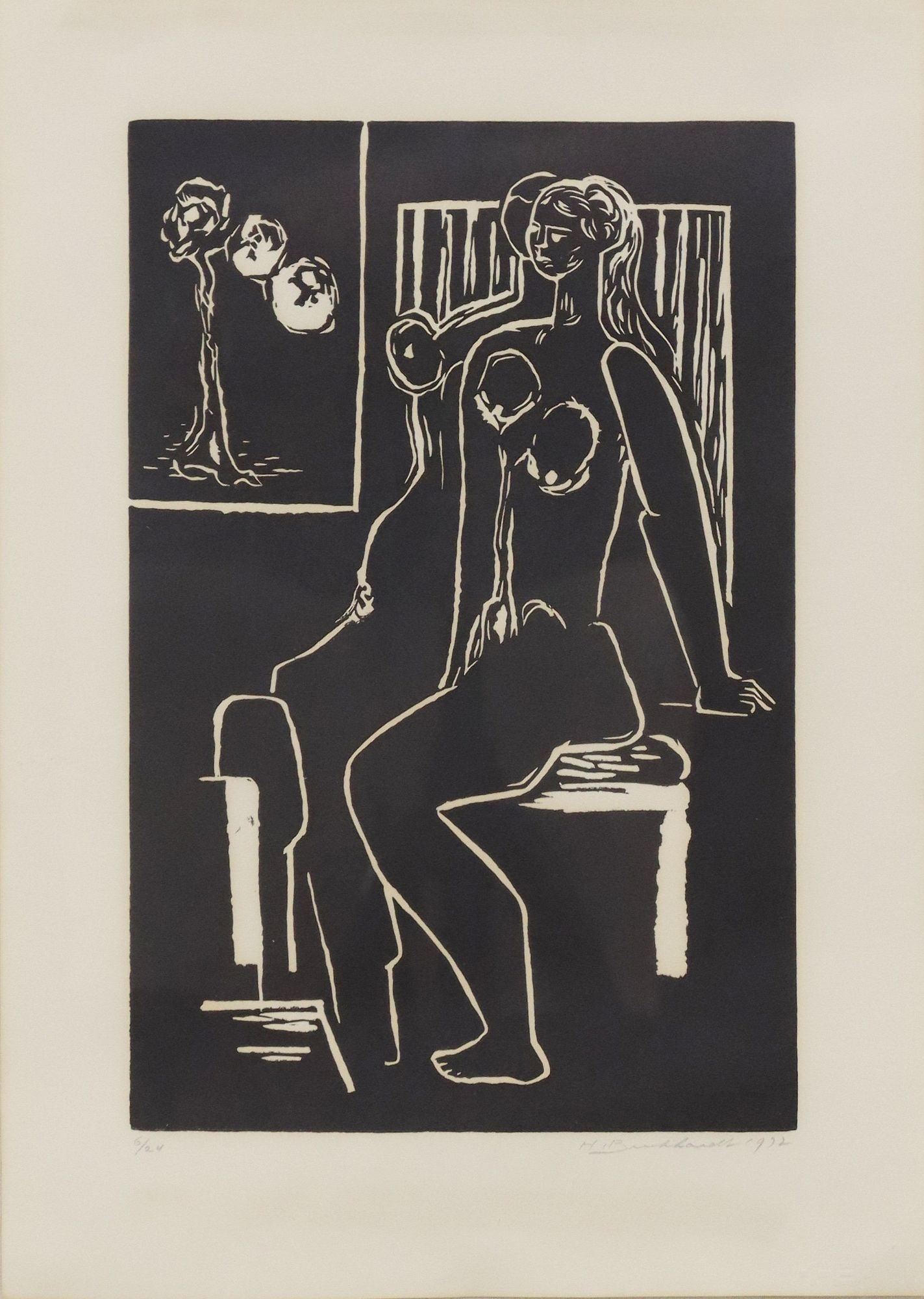 HANS BURKHARDT (D.1994) RELIEF PRINT SEATED FIGURE: Framed relief print (linocut or woodcut) on paper, Seated Female Figure, signed lower right H. Burkhardt (Hans Gustav Burkhardt, Swiss-American, 1904-1994), dated 1972, numbered 6/ 24, Drummond Framin