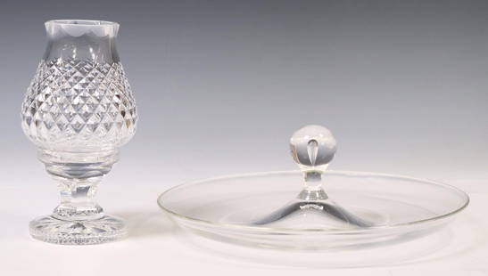 2) STEUBEN TEARDROP CANAPE & WATERFORD FAIRY LAMP: (lot of 2) Crystal table articles, including: (1) Lloyd D. Atkins (American, 1922-2002) for Steuben "Teardrop" canape service dish, approx 4 3/8"h, 11"diam, (2) Waterford 'Alana' pattern hurricane fai