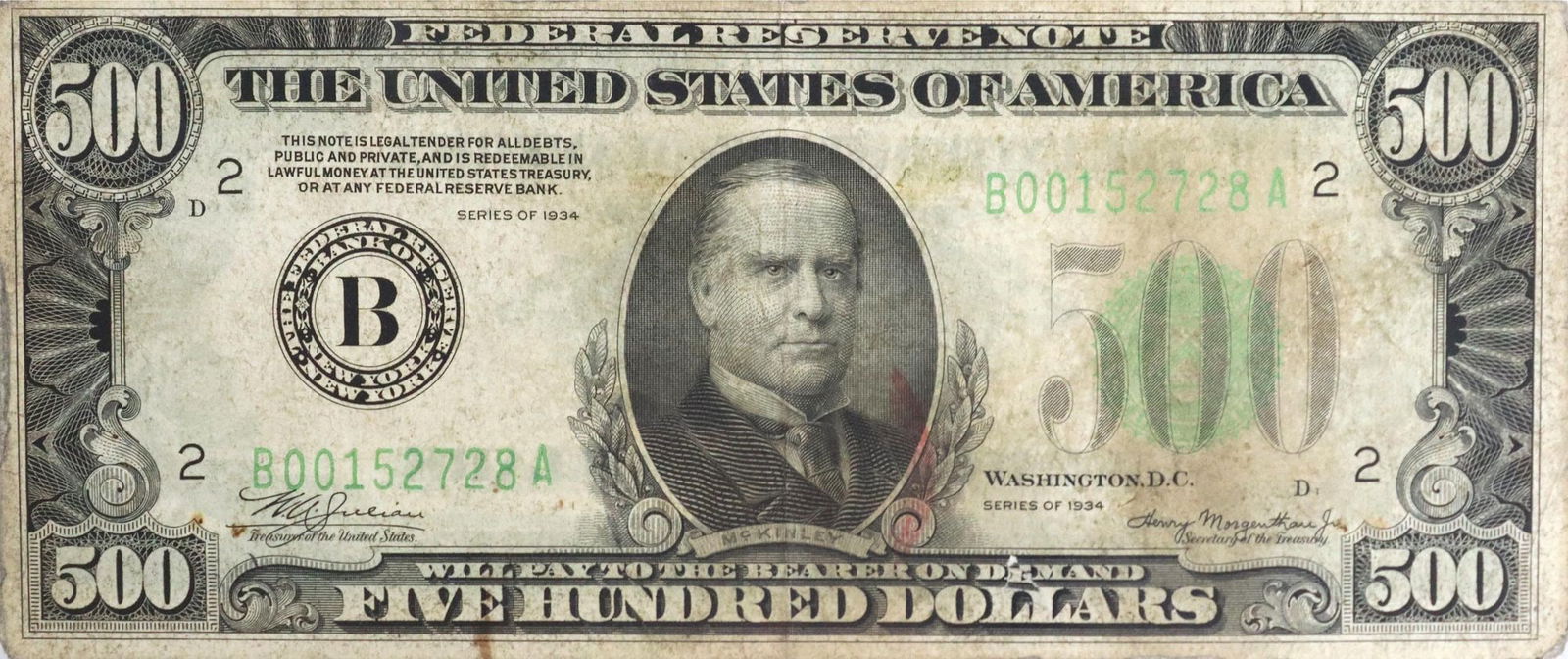 U.S. CURRENCY $500 FEDERAL RESERVE NOTE, 1934 (1 of 4)