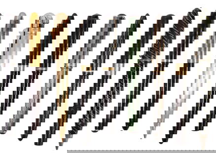 (9) FOUNTAIN PENS & MECHANICAL PENCILS, SHAEFFER: (lot of 9) Fountain pens and mechanical pencils, including: (2) Sheaffer, (one) black resin with gold-tone details, 14K gold nib, ink filler rod stuck in extended position, (one) striped celluloid bod