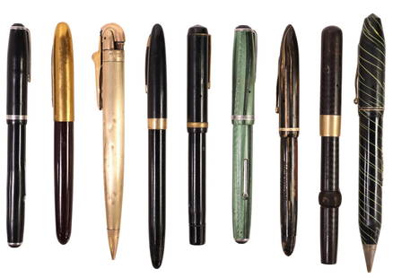 (9) FOUNTAIN PENS & MECHANICAL PENCILS, SHAEFFER: (lot of 9) Fountain pens and mechanical pencils, including: (2) Sheaffer, (one) black resin with gold-tone details, 14K gold nib, ink filler rod stuck in extended position, (one) striped celluloid bod