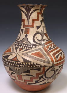 LARGE SIGNED NATIVE AMERICAN ACOMA POTTERY VASE: Large Native American pottery vessel, Acoma Pueblo, New Mexico, c.1930s-1940s, having flared and scalloped rim over bulbous body, with painted geometric motifs, signed J.J. underfoot,approx 18.75"h, 1