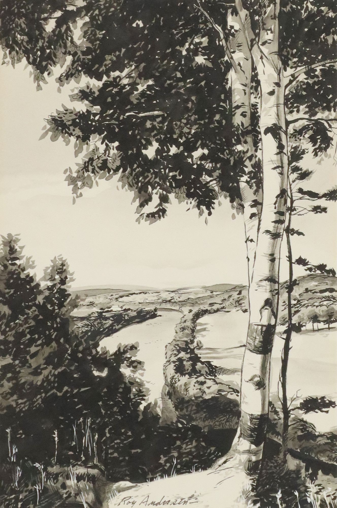 ROY ANDERSEN (D.2019) INK PAINTING RIVER LANDSCAPE: Framed ink and ink wash on paper, River Landscape with Birch Tree, signed lower center Roy Andersen (American, 1930-2019), sight: approx 12.5"h, 8.25"w, overall: 17.5"h, 14.75"w, 3.25lbs **Provenance: