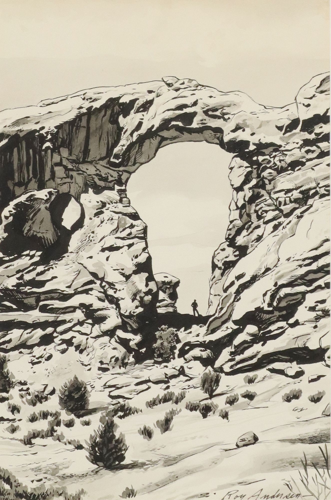 ROY ANDERSEN (1930-2019) INK PAINTING NATURAL ARCH: Framed ink and ink wash on paper, Natural Rock Arch with Silhouette, signed lower right Roy Andersen (American, 1930-2019), sight: approx 12.5"h, 8.25"w, overall: 16.5"h, 14.3"w, 3lbs **Provenance: an