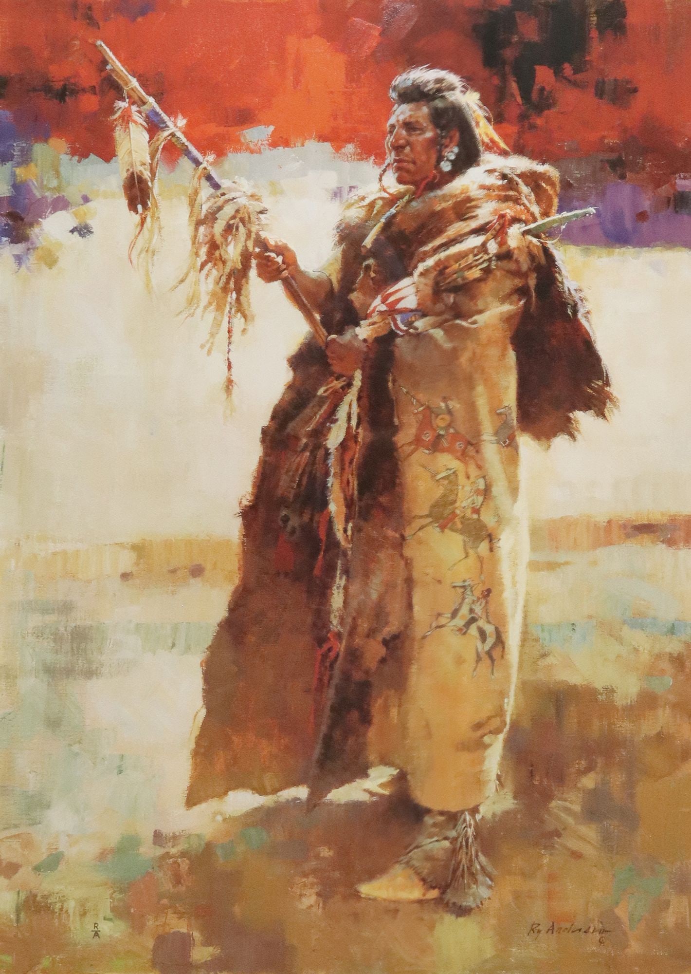 ROY ANDERSEN SIGNED LTD ED PRINT NATIVE AMERICAN: Framed offset print on paper, "Elk Robe Medicine," signed lower right Roy Andersen (American, 1930-2019), numbered AP (artist's proof) 33/ 50, embossed stamp reading: "Friends of Western Art, Artist o