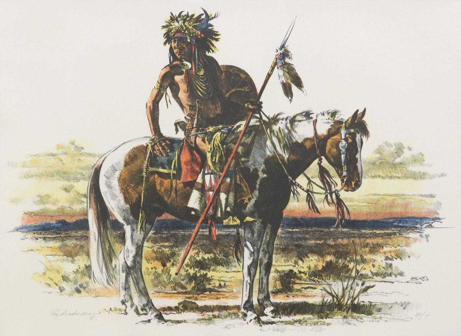 ROY ANDERSEN (D.2019) NATIVE AMERICAN LITHOGRAPH: Framed lithograph on paper, Native American Warrior on Horseback, signed lower left Roy Andersen (American, 1930-2019), numbered AP (artist's proof)/ 7, sheet: approx 22"h, 30"w, overall: 32"h, 40"w,