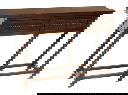 SPANISH BAROQUE STYLE CARVED CONSOLE TABLE: Spanish Baroque style console table, 20th c., having rectangular top over two scoop carved drawers, rising on spinal legs joined by box stretcher, approx 29.5"h, 47.25"w, 13 1/8"d Start Price: $200.00