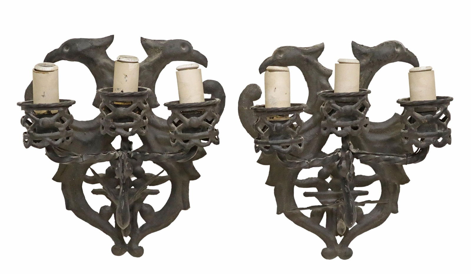 2) SPANISH CAST IRON FIGURAL GROTESQUE 3LT SCONCES (1 of 3)