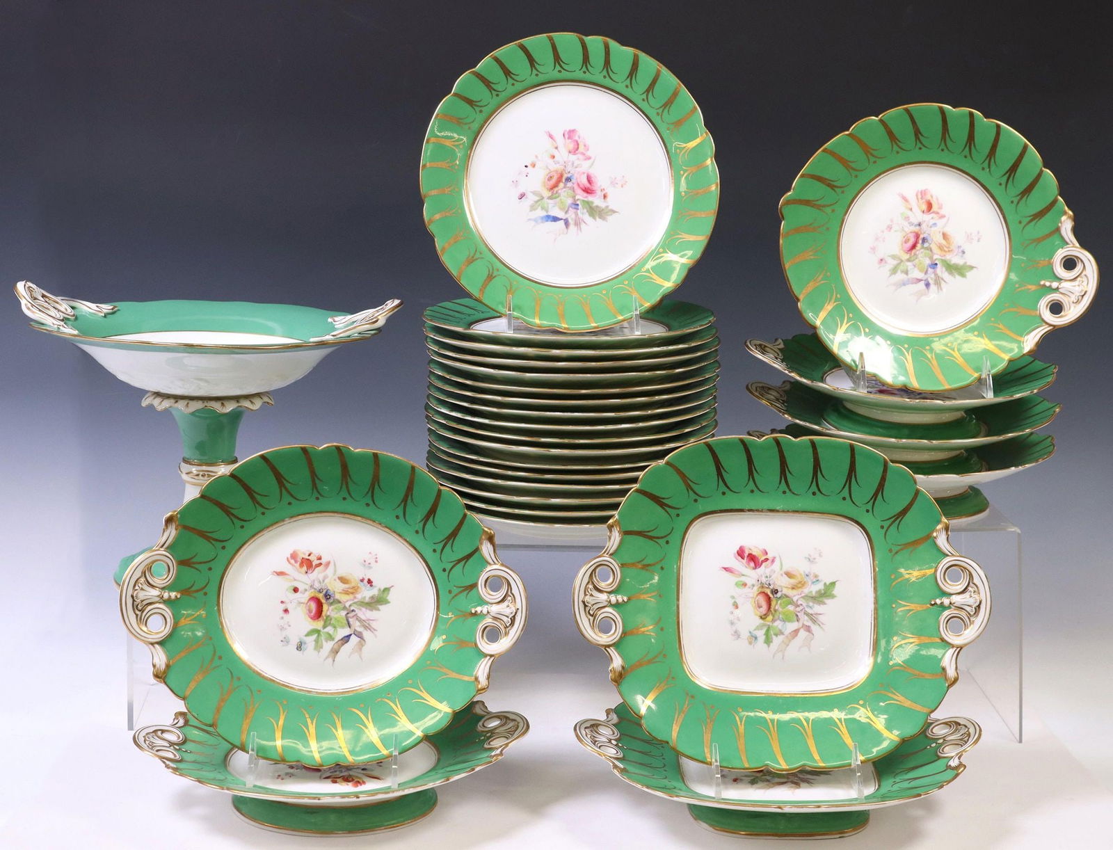 (26) ENGLISH GREEN PORCELAIN PART DESSERT SERVICE (1 of 5)