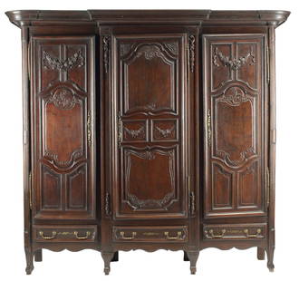 LARGE FRENCH PROVINCIAL THREE-DOOR ARMOIRE: French Provincial Louis XV style three-door armoire, carved floral swags, over three drawers, on cabriole legs, approx 91"h, 100"w, 29"d Start Price: $400.00