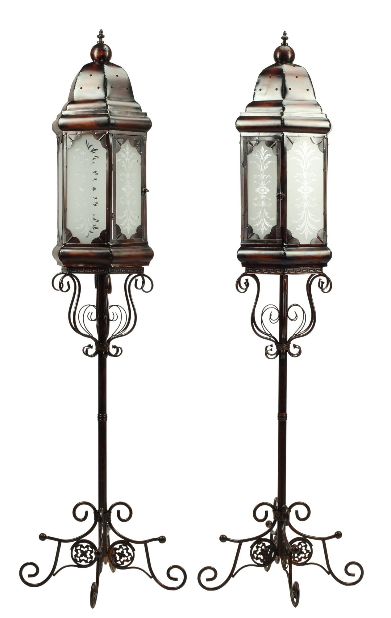 (2) TOLE & IRON HEXAGONAL LANTERN TORCHIERES (1 of 5)