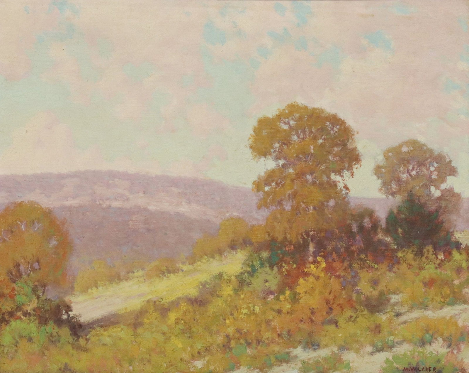 M.W. LEADER (1877-1966) HILL COUNTRY LANDSCAPE: Framed oil on canvas painting laid on board, Hill Country Landscape, signed lower right M.W. Lader (Morris Walton Leader, Texas, 1877-1966), sight: approx 14.75"h, 18.5"w, overall: 17"h, 20.75"w, 3lbs