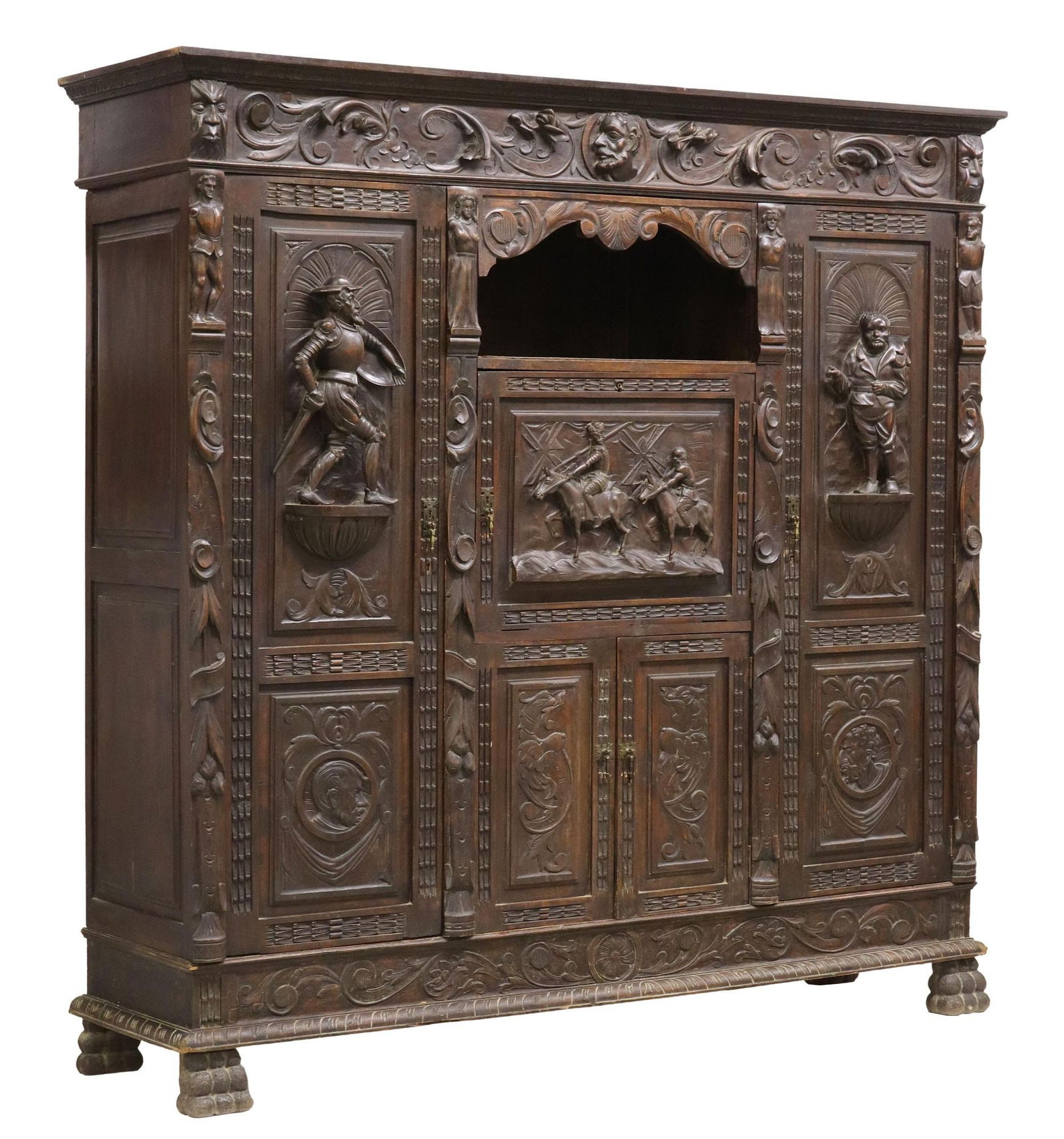 SPANISH DON QUIXOTE CARVED WALNUT BOOKCASE (1 of 8)