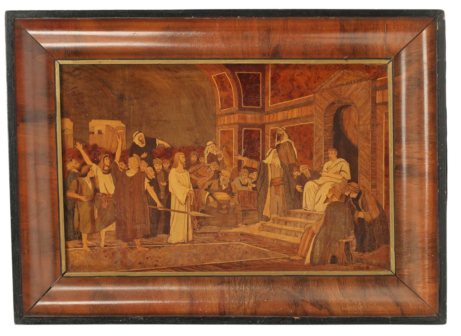 FRAMED MARQUETRY PLAQUE CHRIST BEFORE PILATE (1 of 3)