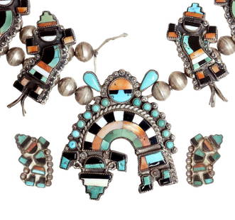 2)ZUNI PUEBLO RAINBOW MAN SQUASH BLOSSOM, EARRINGS: (lot of 2) Native American silver (content unknown) jewelry, Rainbow Man, Zuni Pueblo, each with multi-stone inlays of turquoise, mother-of-pearl, jet, etc., including (1) 'squash blossom' necklace, t