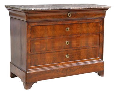 FRENCH LOUIS PHILIPPE MARBLE-TOP MAHOGANY COMMODE: French Louis Philippe period flame mahogany commode, mid 19th c., having marble top, frieze drawer revealing divided interior, over three additional drawers, rising on bracket feet, split to wood at l