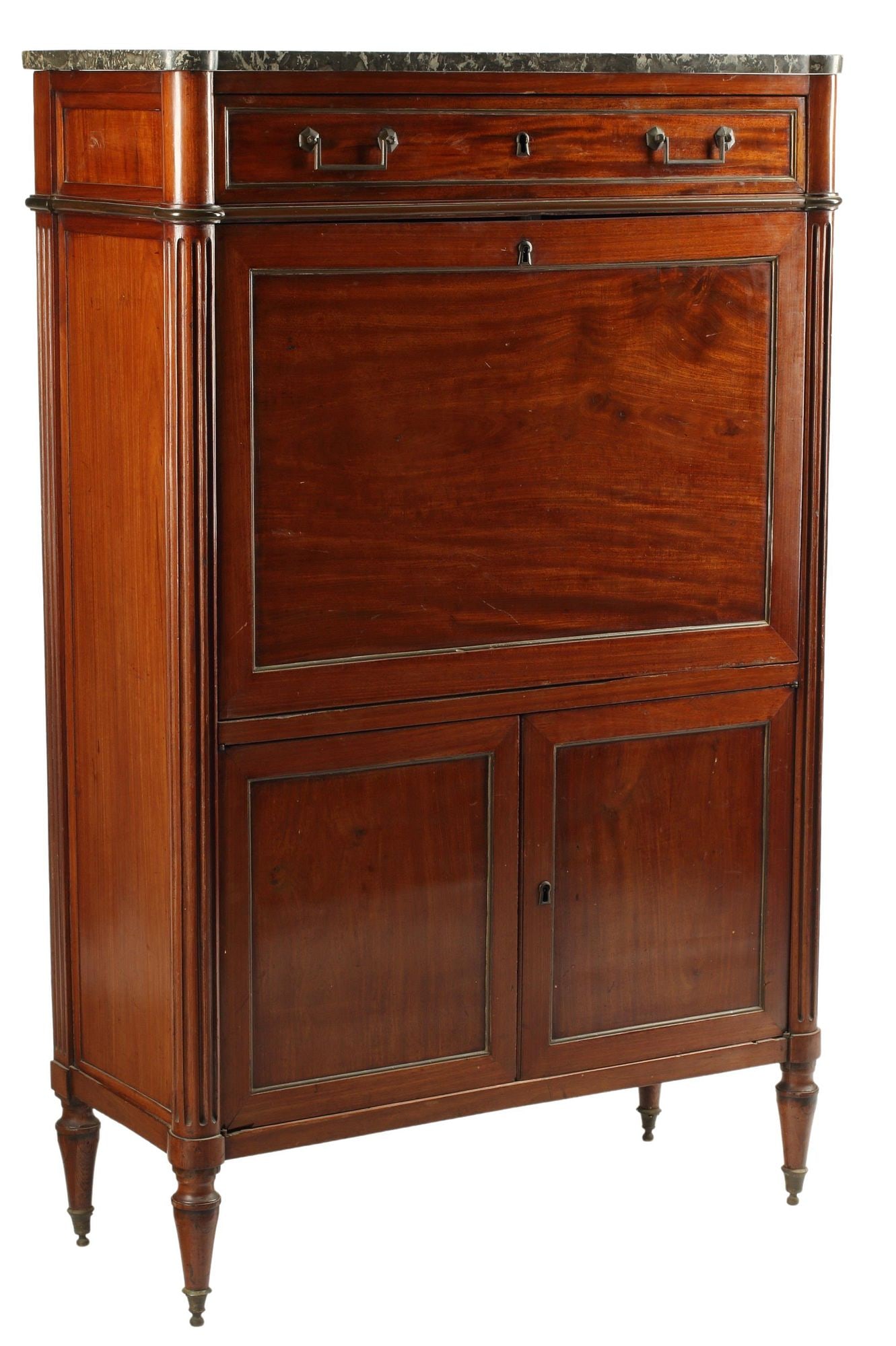 LOUIS XVI STYLE MARBLE-TOP SECRETAIRE A ABATTANT: Louis XVI style mahogany fall-front secretary, shaped marble top, fluted corner posts, approx 57"h, 37"w, 15.5"d Start Price: $300.00