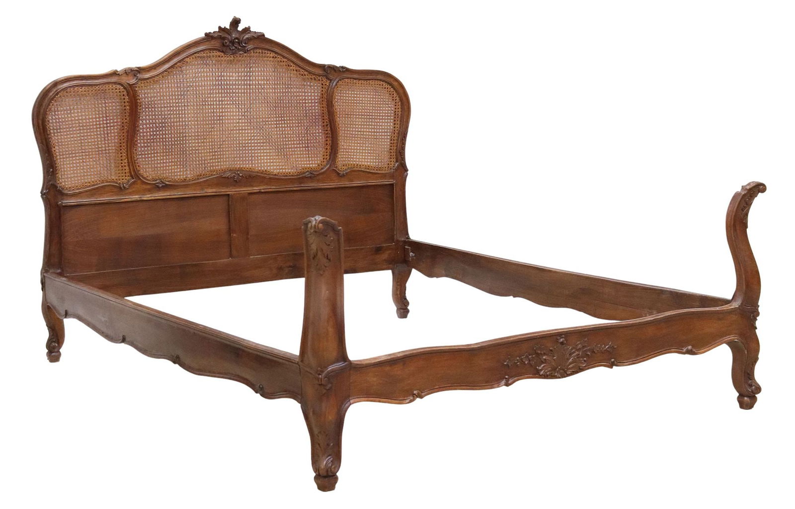 LOUIS XV STYLE CARVED WALNUT CANED HEADBOARD BED (1 of 2)