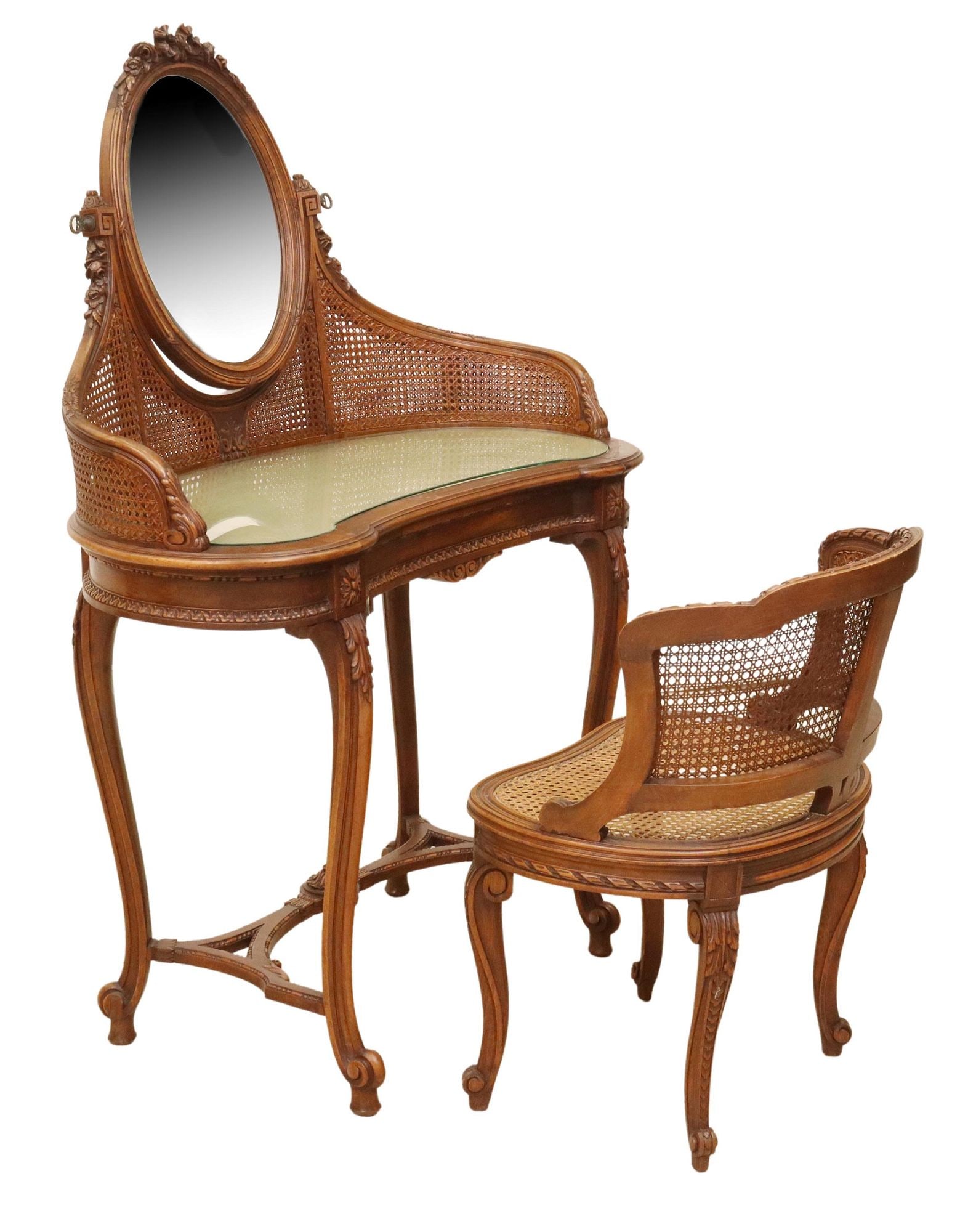 (2) LOUIS XV STYLE CANED WALNUT VANITY & CHAIR (1 of 5)