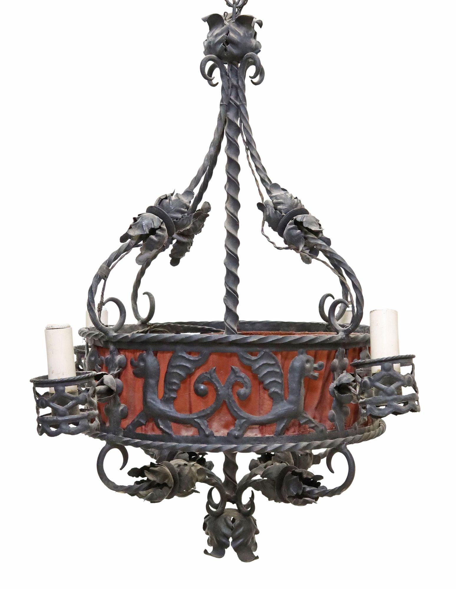 SPANISH DRAGON & FLORAL IRON 6-LIGHT CHANDELIER: Spanish iron six-light chandelier, having rope twist frame, centering dragon motifs, surmounted by floral blooms, issuing pierced candle cups, with faux candles, in need of wiring, approx 38"h, 30"dia