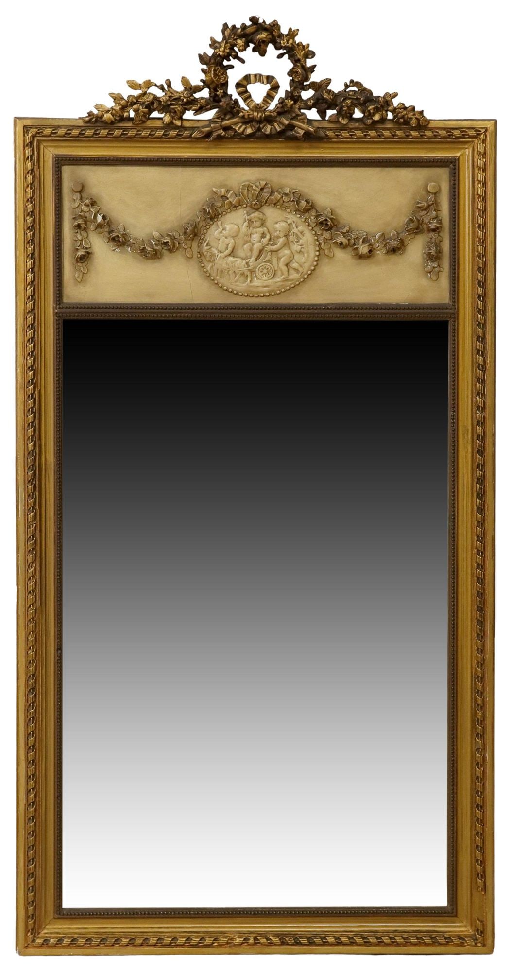 FRENCH LOUIS XVI STYLE GILT CHERUBS TRUMEAU MIRROR (1 of 4)