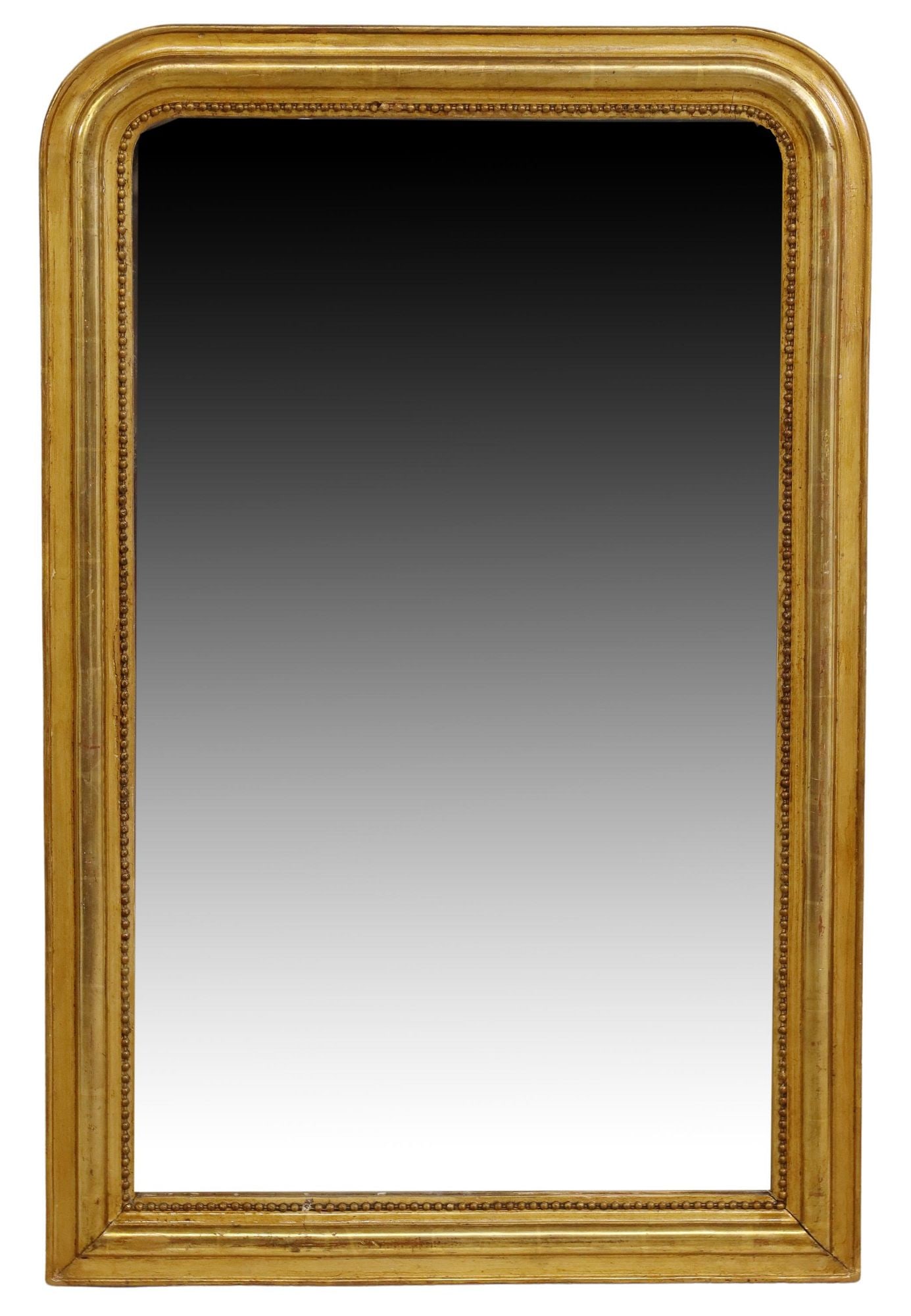 FRENCH LOUIS PHILIPPE PERIOD GILTWOOD MIRROR: French Louis Philippe period giltwood mirror, mid 19th c., having arched frame with beaded trim, encasing flat mirror plate, some later gilt painted touch-ups, approx 37.5"h, 24"w, 19.25lbs Start Pric