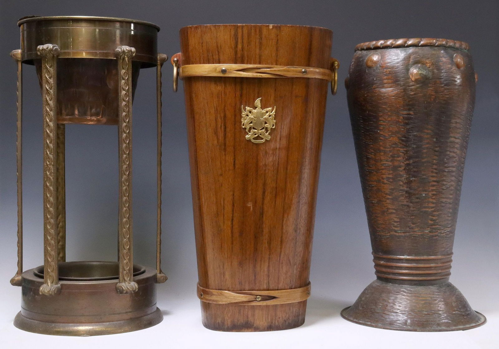 (3) COPPER & WOOD UMBRELLA STANDS & GILT PLANTER (1 of 4)